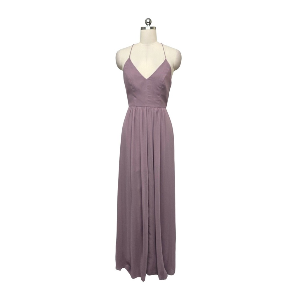 Dessy Collection 3019 Lux Chiffon V-Neck Spaghetti Strap Maxi Dress Truffle sz 0